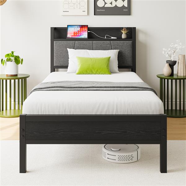 Twin Size Bed Frame, Storage Headboard with Charging Station, Solid and Stable, Noise Free, No Box Spring Needed, Easy Assembly