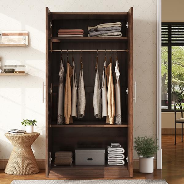 2-Door Wooden Wardrobe Armoire with 3 Storage Shelves, Brown