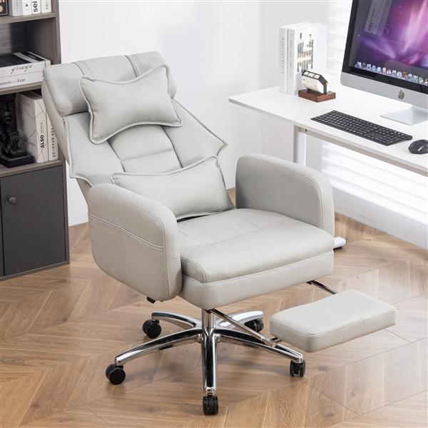 Swivel Ernomic Office Chair, Technology Leather  High Back Office Chair with Lumbar Support Headrest, Sedentary Comfortable Boss Chair, 155° Reclining Computer Chair (Color : Grey)