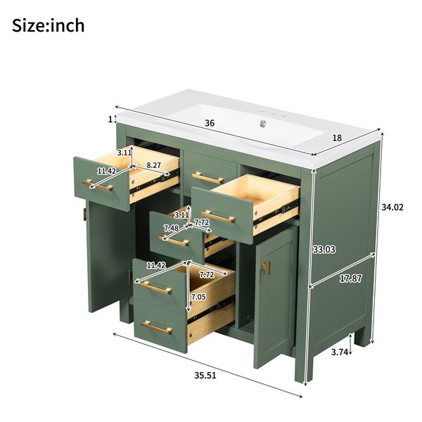 36'' Bathroon Vanity with Resin Sink Combo Set,Modern  Single Bathroom Cabinet with 4 Drawers & 2 Cabinets,Storage Cabinet for Bathroom, Solid Wood Frame Vanity Set, Green