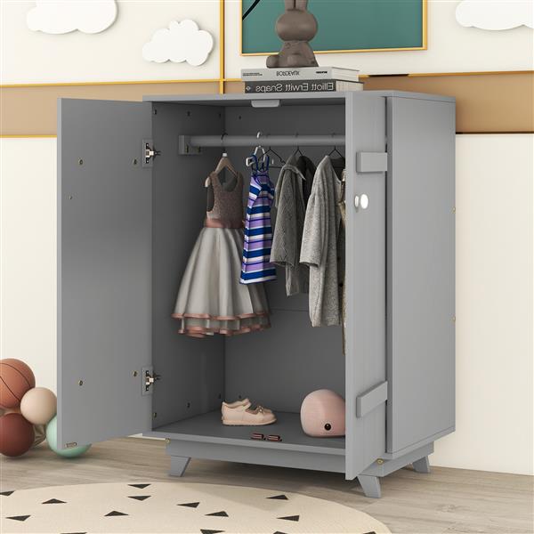 Wooden Wardrobe Cabinet with Hanging Rod, Storage Armoires with Doors,Gray