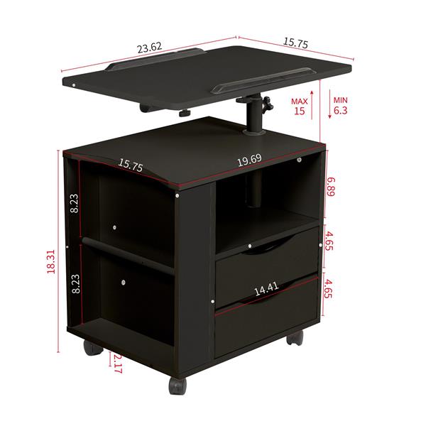 Height Adjustable Overbed End Table Wooden Nightstand with Swivel Top, Drawers, Wheels and Open Shelf,  Black