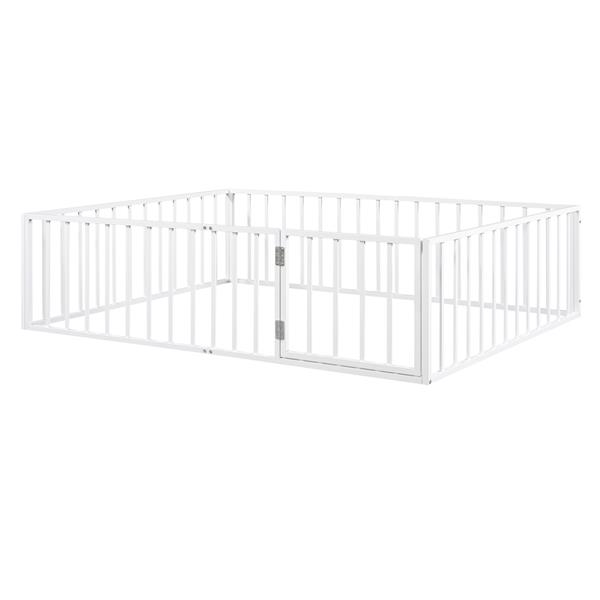 Queen Size Metal Floor Bed Frame with Fence and Door, White