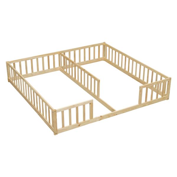 Double Twin Floor Bed with Fence, Guardrails, without door, Natural