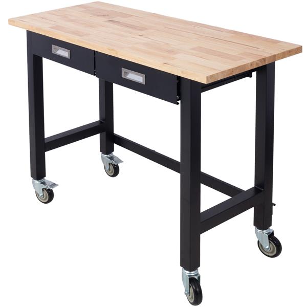 48in Work Bench, Workbench with Drawer Storage, Heavy Duty Bamboo Wood Work Table with Wheels for Garage Home Office