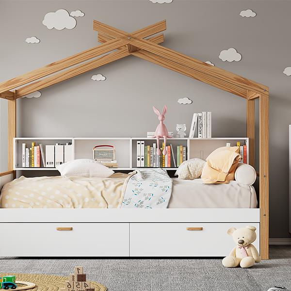 White Full Size Wooden House Bed Original Wood Colored Frame with Two Drawers and Bookshelf Storage Space for Children or Guest Room