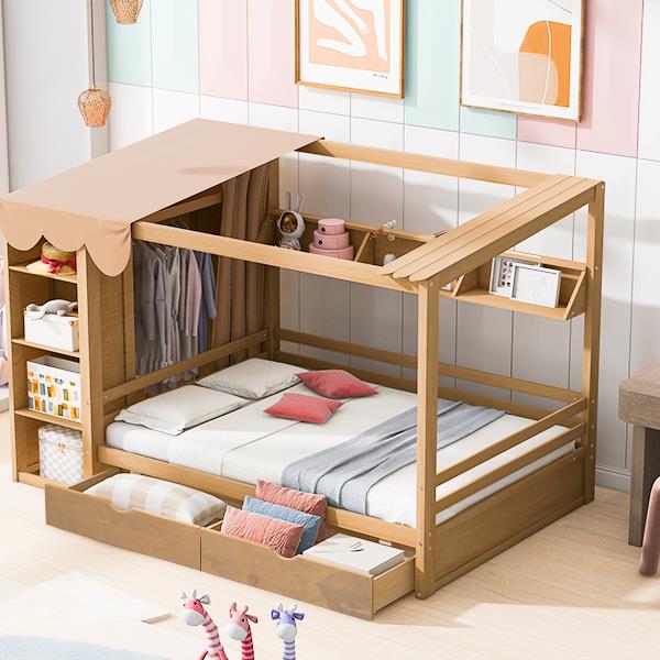 Full size House Bed with Two Drawers and Wardrobe,Natural