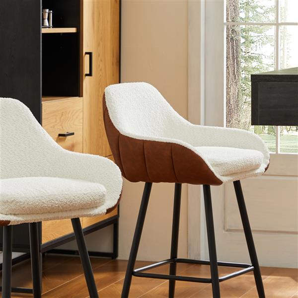 26" Modern Counter Height Bar Stools Set of 2, Mid Century Leather Upholstered Arm Bar Stools, Leisure Side Chair with Metal Legs for Kitchen&Dining Room