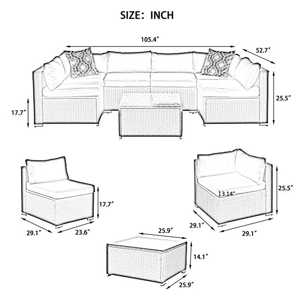 Patio Furniture, Outdoor Furniture, Seasonal PE Wicker Furniture, 7 Set Wicker Furniture With Tempered Glass Coffee Table