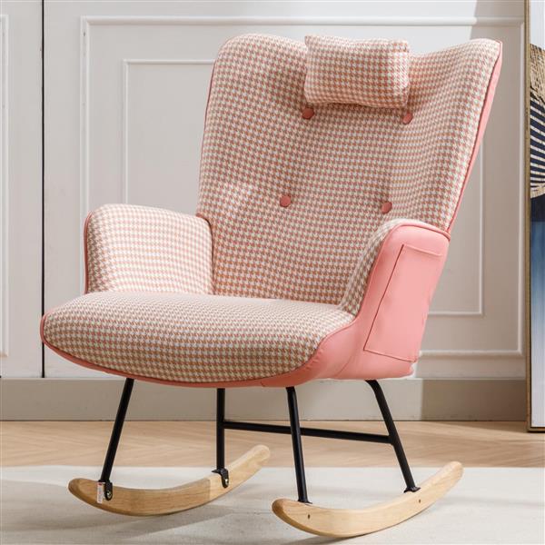 35.5 inch Rocking Chair, Soft Houndstooth Fabric Leather Fabric Rocking Chair for Nursery, Comfy Wingback Glider Rocker with Safe Solid Wood Base for Living Room Bedroom Balcony (pink)