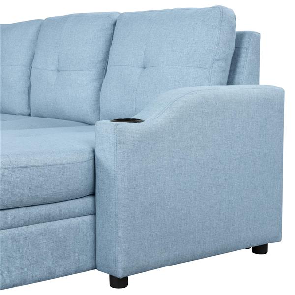 80.3". Pull Out Sofa Bed Modern Padded Upholstered Sofa Bed , Linen Fabric 3 Seater Couch with Storage Chaise and Cup Holder , Small Couch for Small Spaces