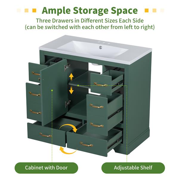 36" Bathroom Vanity with Sink Combo, Six Drawers, Multi-Functional Drawer Divider, Adjustable Shelf, Green