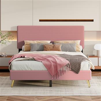 Queen Size Corduroy Upholstered Bed Frame, Platform Bed with Horizontal Stripe Headboard, No Box Spring Needed, Pink