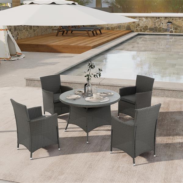 5 Piece Outdoor Dining Set All-Weather Wicker Patio Dining Table and Chairs with Cushions, Round Tempered Glass Tabletop with Umbrella Cutout for Patio Backyard Porch Garden Poolside(Gray-Gray)