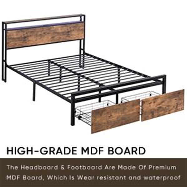 Full Size Bed Frame with Storage Headboard and 2 Drawers, LED Lights Bed with Charging Station, Metal Platform Bed No Noise, Mattress Foundation Strong Metal Slats Support No Box Spring Needed