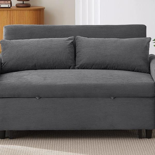 57.48" Pull-out Sofa Bed Convertible Couch 2 Seat Loveseat Sofa Modern Sleeper Sofa with Two Throw Pillows and USB Ports for Living Room, Dark Grey