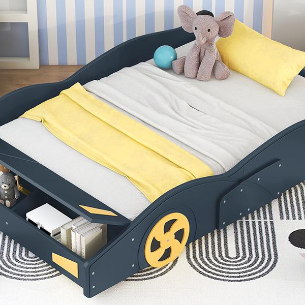 Full Size Race Car-Shaped Platform Bed with Wheels and Storage, Dark Blue+Yellow