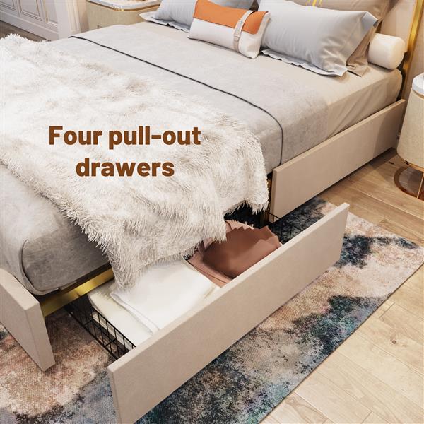 Queen Size Bed Frame and 59.06" Headboard, Upholstered Bed with lden Plating Trim, Modern Platform Bed No Box Spring Needed, Cream