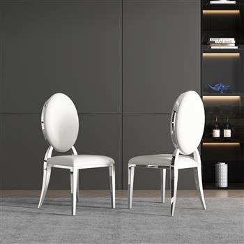 Leatherette Dining Chair Set of 2, Oval Backrest Design and Stainless Steel Legs