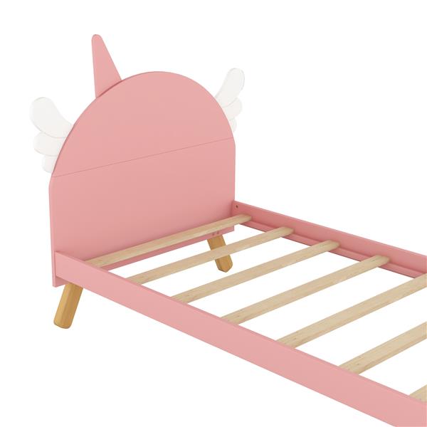 Wooden Cute Bed With Unicorn Shape Headboard,Twin Size Platform Bed,Pink