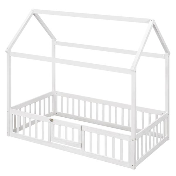 Twin Size Wood House Bed with Fence and Door, White Wash