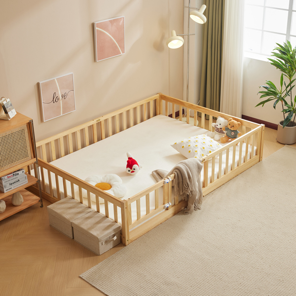 Fence bed with door and decking, natural wood color, painted surface, pine wood, Queen children's bed