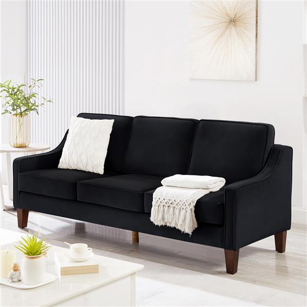 Modern 3 Person seat Sofa Couch with Scooped Armrest/Wood legs,Upholstered Velvet 3-seat Sofa with Removable Cushions for Livingroom Bedroom,Black 