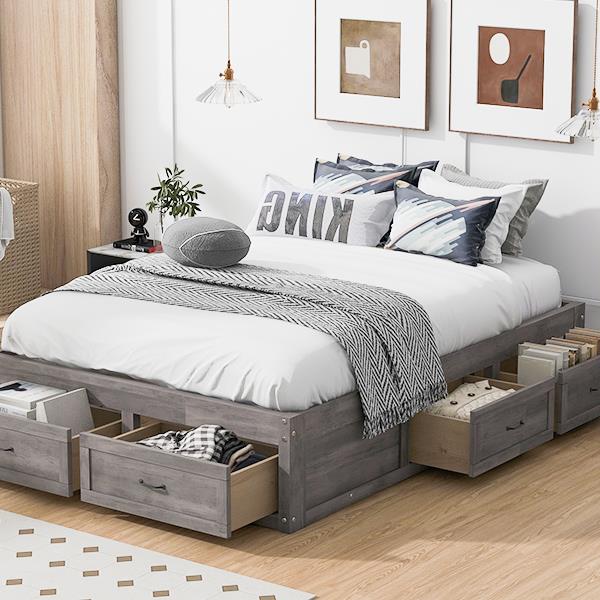 Full Size Platform Bed with 6 Storage Drawers,Antique Gray