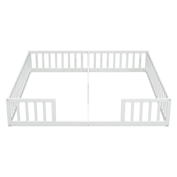 Double Twin Floor Bed with Fence, Guardrails, without door, White