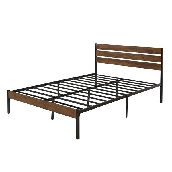 Queen Size Bed Frame with Wood Headboard, Metal Frame with Strong Slats, Noise Free,No Box Spring Needed-Brown