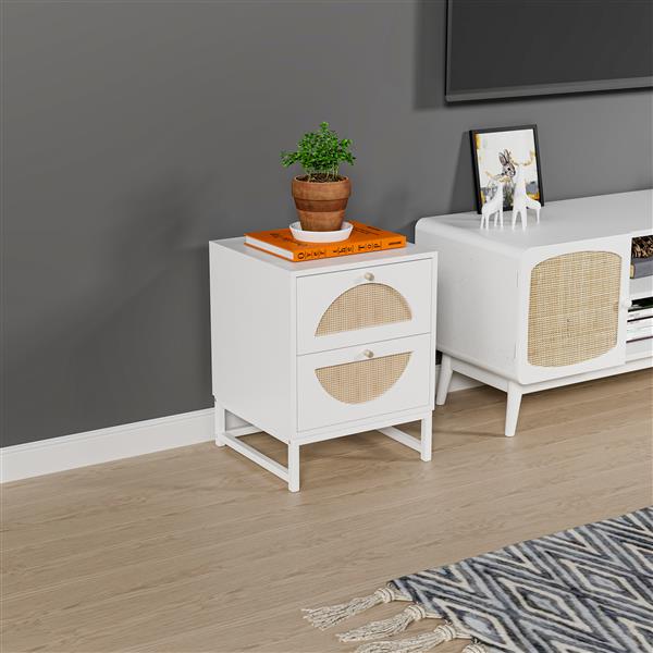 2 Drawer Nightstand Set of 2, White, Natural Rattan, Display Rack for Bedroom and Living Room