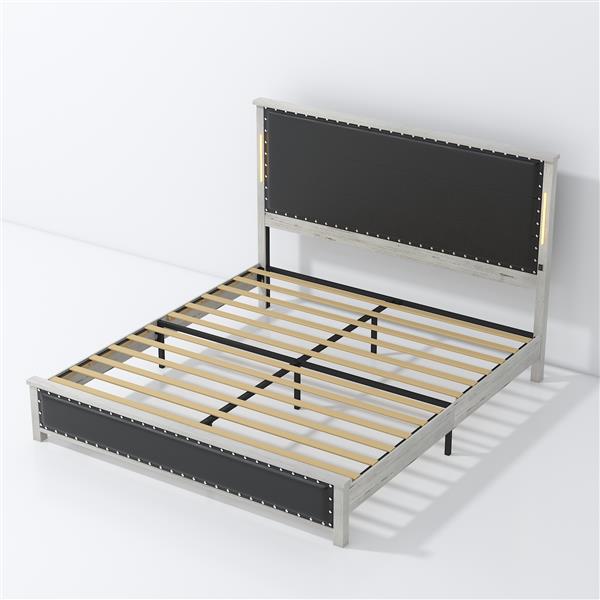 King Size Bed Frame with LED Light & Power Outlet, Platform Bed with Upholstered Headboard and Storage, Sturdy Metal Slats Support, No Box Spring Needed, Easy Assembly, Noise-Free