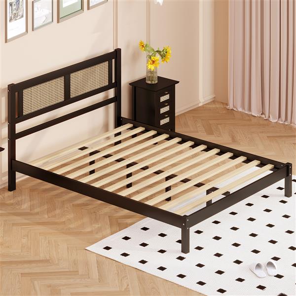 Queen Size Wooden Platform Bed with Natural Rattan Headboard, Exquisite Elegance with Minimalist Charm for Bedroom, Black