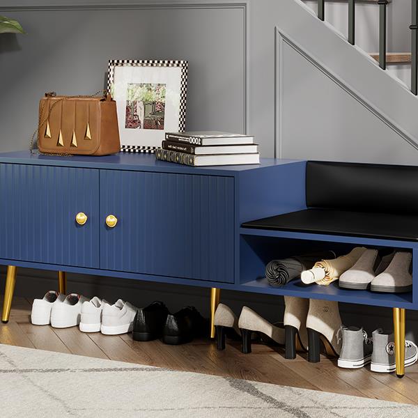 Modern Shoe Storage Bench with Hidden Storage and Upholstered Cushions for Bedside, Living Room and Entryway (Navy)