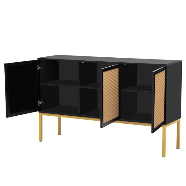 Large Storage Space Sideboard with Artificial Rattan Door and Rebound Device for Living Room and Entryway (Black)