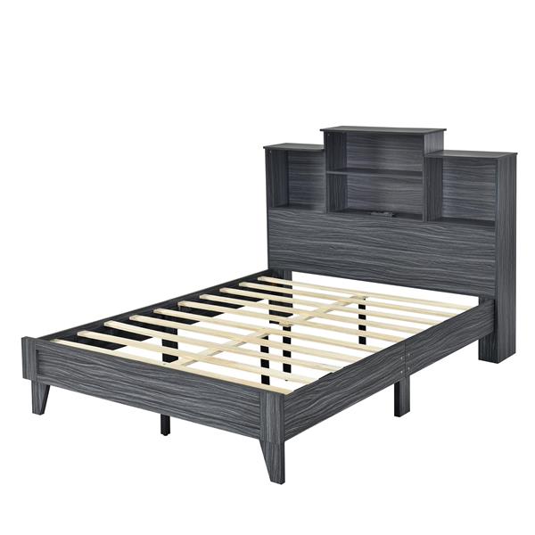 Full Size Storage Platform Bed Frame with 4 Open Storage Shelves and USB Charging Design,Gray