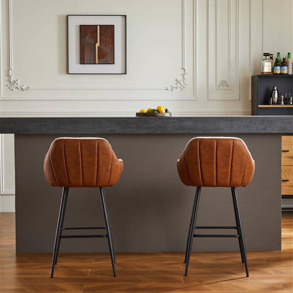 26" Modern Counter Height Bar Stools Set of 2, Mid Century Leather Upholstered Arm Bar Stools, Leisure Side Chair with Metal Legs for Kitchen&Dining Room