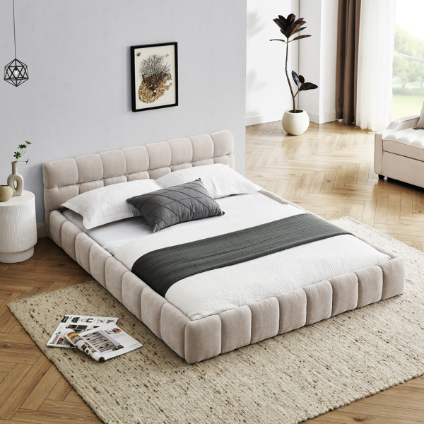 Queen Size Upholstered Bed Frame with Thick Fabric, Chenille Fabric Grounded Queen Size Platform Bed with Headboard and Solid Frame. No Box Spring Needed, Beige(68''*86.5''*23.5'')