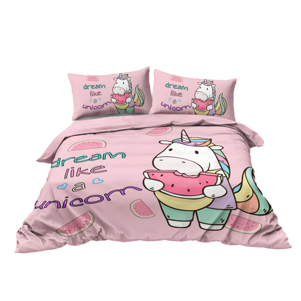 3 Pieces Unicorn Watermelon Duvet Cover Set for Comforter Bedding Queen Size Pink