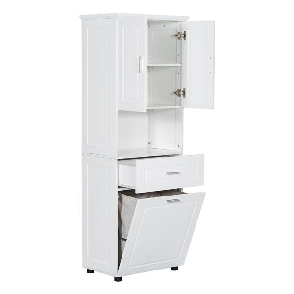 Tall Bathroom Cabinet with Laundry Basket, Large Storage Space Tilt-Out Laundry Hamper and Upper Storage Cabinet, White