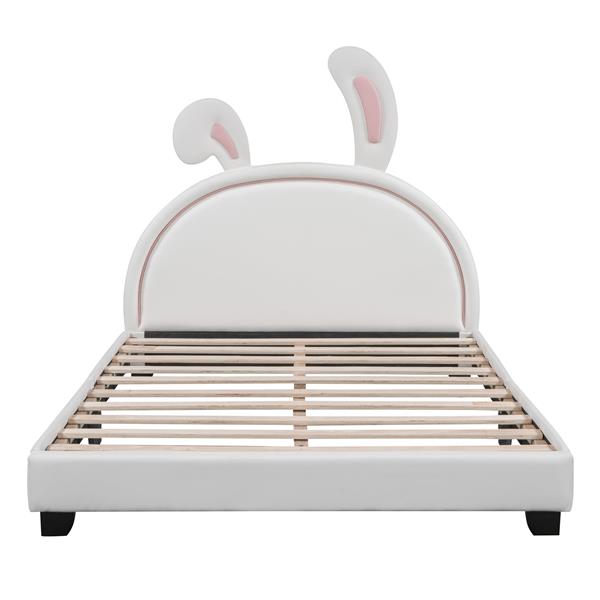 Full Size Upholstered Leather Platform Bed with Rabbit Ornament, White