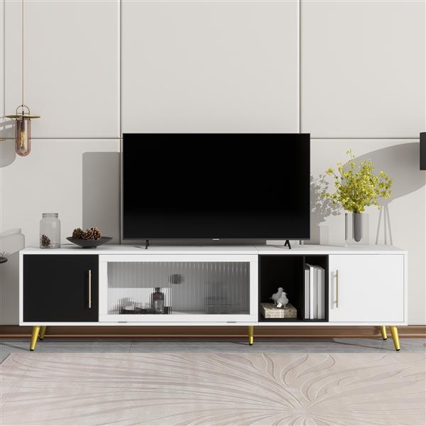 Stylish TV Stand with Golden Metal Handles&Legs, Two-tone Media Console for TVs Up to 80", Fluted Glass Door TV Cabinet with Removable Compartment for Living Room, White