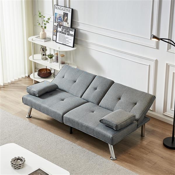 Linen Fabric Modern Sofa Bed Futon Couch Bed Folding Recliner Sleeper Reversible Loveseat Convertible Daybed, 2 Cup Holders, 3 Angles, Removable Armrests, Gray