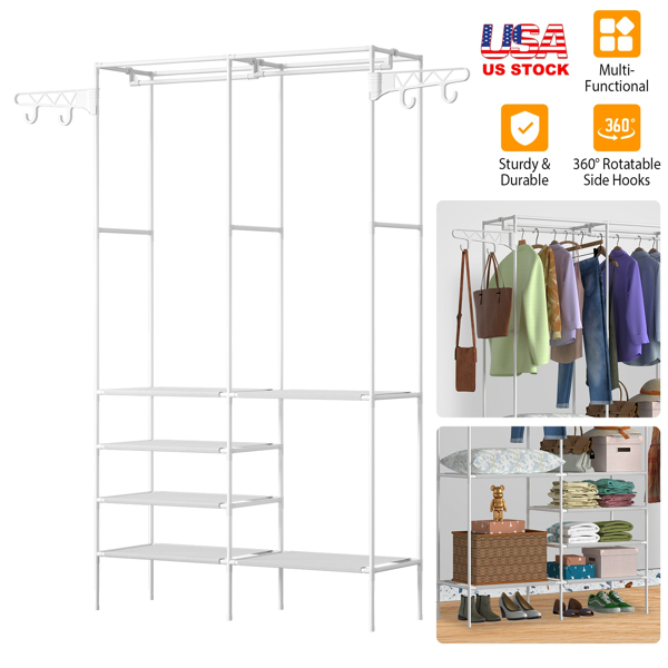 66.1x42.1x14.2in Perfect 4 layers of shelves Closet Organizing rack，weight capacity of the hanging rod and the fabric rack reaches up to 33lbs and 11lbs separately.（no shipments on weekends）