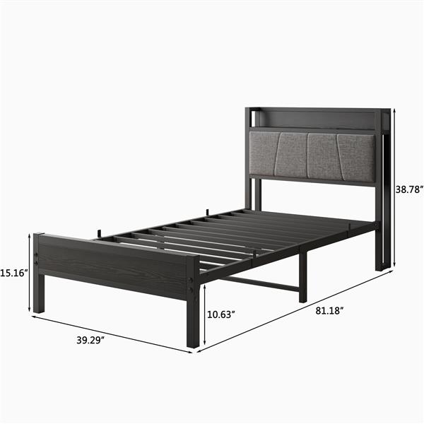 Twin Size Bed Frame, Storage Headboard with Charging Station, Solid and Stable, Noise Free, No Box Spring Needed, Easy Assembly