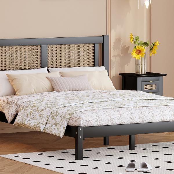 Full Size Wooden Platform Bed with Natural Rattan Headboard, Exquisite Elegance with Minimalist Charm for Bedroom, Black