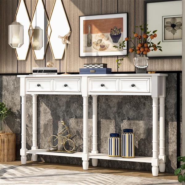 Console Table Sofa Table Easy Assembly with Two Storage Drawers and Bottom Shelf for Living Room, Entryway (Ivory White)