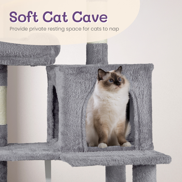 57 inch Cat Tree Cat Tower for Indoor Cats, Cat House with Padded Platform Bed, Toy Balls, Large Cozy Condo and Sisal Scratching Posts, Light Grey