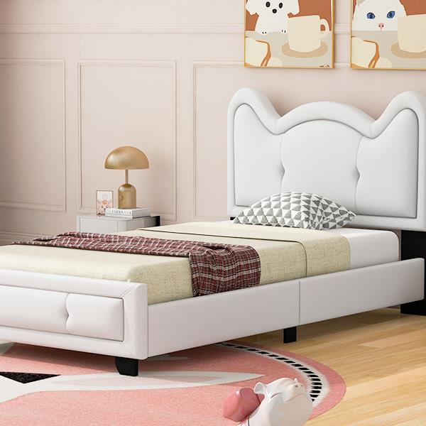 Twin Size Upholstered Platform Bed with Carton Ears Shaped Headboard, White