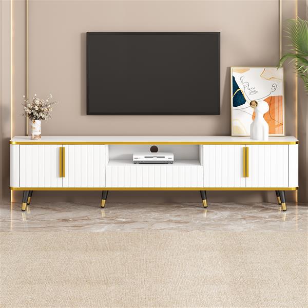 Luxury Minimalism TV Stand with Open Storage Shelf for TVs Up to 85", Entertainment Center with Cabinets and Drawers, Practical Media Console with Unique Legs for Living Room, White